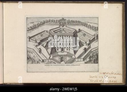 Gezicht op villa Farnese te Caprarola, Giacomo Lauro, 1638 Print fa parte di un album. Villa Farnese con incisione di carta Foto Stock