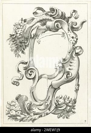 Foglia della serie con cartigli, 1642 stampa la terza stampa da una serie di dodici copie a una serie con cartigli. Tappeto decorato con una maschera sulla destra e ghirlande. In cima un corno di abbondanza. ornamento per incisione carta  cartiglio Foto Stock