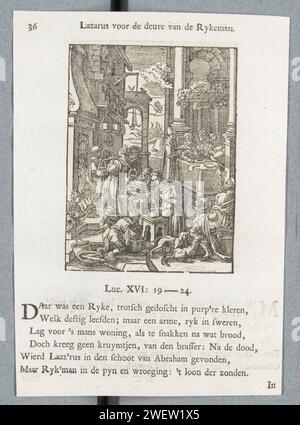 Parabola del ricco e del povero Lazzaro, 1740 stampa il ricco è riccamente servito. In cucina viene preparato un ampio banchetto. Al centro un tavolo dove si prepara il pollame. Il povero Lazzaro, mendicante, sta morendo di fame davanti alla casa. Due cani leccano sono ferite. Sullo sfondo si può vedere come l'uomo ricco finisce nel fuoco dell'inferno, e Lazzaro è ammesso in paradiso. Un titolo sopra lo spettacolo. Sotto sei versi e un riferimento a Luca 16: 19-24. La stampa fa parte di un album. La stampa letterpress di carta The Rich Man (Dives) è in festa, mentre il povero Lazzaro sta morendo di fame al cancello (cane Foto Stock