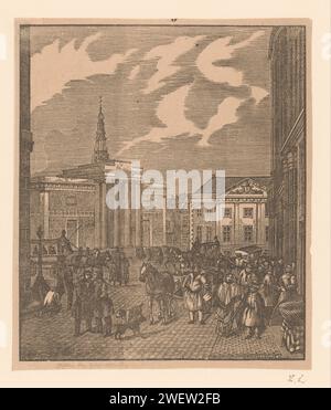 Frammento del desiderio di un nuovo anno dagli uomini Askarren di Amsterdam, Dirk Wijbrand Tollenaar, 1840 - 1870 stampa Vista della diga di Amsterdam con la mostra Zocher and Commandantshuis. borsa della carta, mercato azionario. torre, torre dell'orologio  ornamento monumentale Beurs van Zocher. Dam Foto Stock