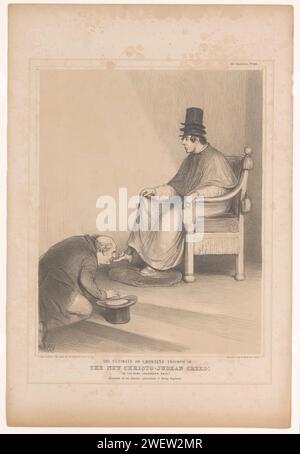 John Bull bacia le scarpe di Benjamin Disraeli, John Doyle, stampa del 1844 Cartoon in cui John Bull costeggia i piedi di Benjamin Disraeli. Disraeli, quando il papa siede su un trono, ha tre cappelli sulla testa (si riferisce ai tre pugni papali). Pubblicato come n.. 808 nella serie HB Sketches. esca da orsi di carta. personalizzazioni di paesi, nazioni, stati, distretti, ecc. baciare i piedi del papa. insegne del papa, ad esempio tiara. caricature politiche e satire Foto Stock