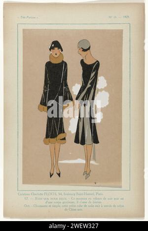 Molto parigino, 1925, no 11, pl. 17: Creazioni Charlotte Floch - Nothing Just Two, 1925 due creazioni della casa di moda Charlotte Floch, Faurg Saint-Honoré, Parigi: Sulla sinistra un mantello di velluto nero, rifinito con pelliccia di castoro. Sulla destra un semplice abito di "Satin Cuir". Stampa dalla rivista di moda Très Parisien ... La Mode, le Chic, l'élégance (1920-1936), stampa di carta letterpress. abito, abito: abito da giorno (+ abiti da donna). orecchini (+ vestiti da donna). copricapo: berretto (+ abiti da donna) Foto Stock