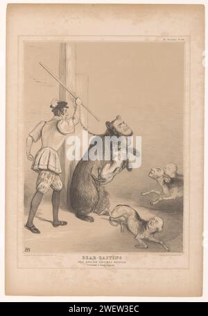 Spotprent su William Ferrand, John Doyle, Cartoon stampato del 1844 in cui William Busfeild Ferrand presentato come un orso incatenato viene picchiato da un uomo con un bastone, Benjamin Disraeli, e viene attaccato dai cani. Pubblicato come n.. 806 nella serie HB Sketches. esca da orsi di carta. caricature politiche e satire Foto Stock