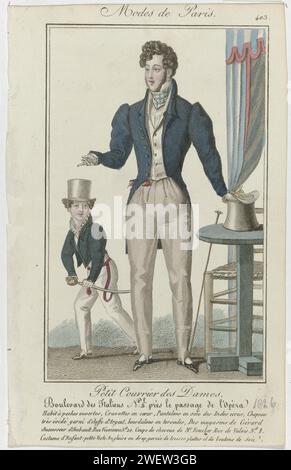 Piccola posta delle signore, 1826, no 403: Open Pocket Habit (...), 1826 Man in a 'Habit' con borse aperte, giubbotti e pantaloni span di ecrinkey 'Soie des Indes' (seta). In testa un cappello con bordo stretto e verticale decorato con tessuto color argento e nastro a forma di cordoncino, dai negozi Gérard, successore di Imbault. Taglio di capelli del signor Foucher. "Cravattes and Coeur" altri accessori: Guanti, bastoncino da passeggio, scarpe piatte con archi. Accanto a lui un ragazzo vestito con una "veste anglaise" (giacca) di stoffa, decorato con trappole piatte e nodi di seta. Pantaloni span. Accessori: Cappello, sciabola su due hangi Foto Stock