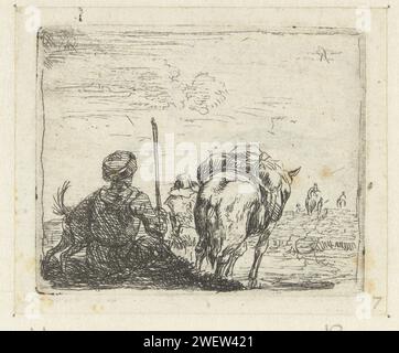 Paesaggio italianizzante con uomo, cane, pastore e cavallo, Karel du Jardin, 1652 - 1659 stampa di carta da incidere cavallo. pastori, pastori, pastori, pastori, pastori, cowhere, ecc.. Foto Stock