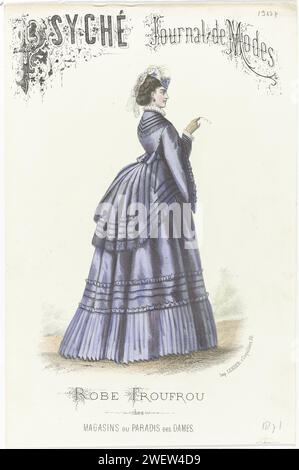 Psyche Journal de Modes, 1871: Froufrou dress of (...), 1871 Woman, seen on the back, in un abito con coda nello stile 'Froufrou'. Stampa dalla rivista di moda Psyché (1834-1878). targhe di carta. copricapo (+ abiti da donna). abito, abito (+ abiti da donna). guanti, guanti, ecc. (+ vestiti da donna). Occhiali da vista, occhiali - AA - figura umana femminile. orecchini (+ abiti da donna) Foto Stock