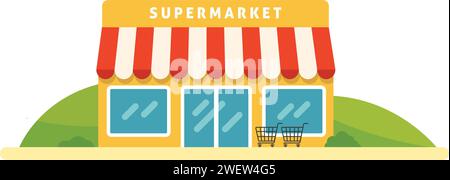 Illustrazione vettoriale del supermercato in stile piatto.carrello della spesa in piedi negozio.negozio con scenario naturale Illustrazione Vettoriale