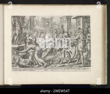 Mattatias uccide un ebreo e un inviato del re, John Wierix, dopo che Gerard van Groeningen, 1585 stampa Mattatias uccide un ebreo che, secondo l'ordine del re, voleva fare un sacrificio sull'altare in Modea e l'inviato del re. In questo modo mostrò la sua dedizione alla legge di Dio. Sotto lo spettacolo un riferimento in latino al testo biblico in 1 bolla. 2. Questa stampa fa parte di un album. L'incisione di carta Mattathias uccide un ebreo, che voleva offrire sacrifici agli dei pagani, e tira giù l'altare a Modin (1 Maccabei 2:23-26) Foto Stock