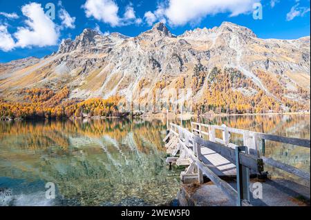 Splendida immagine della natura di un molo di legno nel lago di Sils nella valle dell'Engadina, in Svizzera, in una giornata di sole e limpida in autunno. Foto Stock