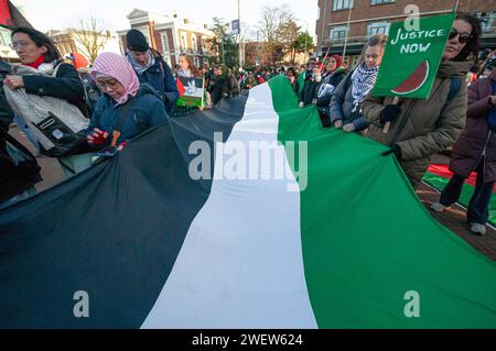 L'Aia, Paesi Bassi. 26 gennaio 2024. Grande bandiera palestinese e sostenitori, durante l'odierna Corte internazionale di giustizia (ICJ) prima sentenza sulla guerra di Gaza di Israele. La Corte penale internazionale dell'Aia ha ordinato a Israele venerdì di astenersi da qualsiasi atto di genocidio contro i palestinesi a Gaza durante il conflitto con Hamas e di conservare le prove relative alle accuse di genocidio. (Foto di Charles M. Vella/SOPA Images/Sipa USA) credito: SIPA USA/Alamy Live News Foto Stock