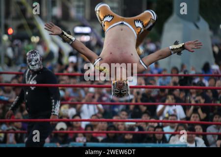 Città del Messico. 26 gennaio 2024. Un wrestler partecipa a uno spettacolo di wrestling presso Zocalo Square a città del Messico, in Messico, il 26 gennaio 2024. Crediti: Francisco Canedo/Xinhua/Alamy Live News Foto Stock