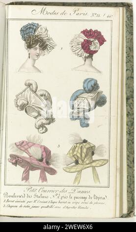 Piccola posta delle signore, 5 febbraio 1827, No. 35/447: 1 Berret effettuata da M.R Croizat ..., 1827 tre diversi copricapi, esposti dalla parte anteriore e posteriore, numerati da uno a tre. 1) Baret eseguito da Croizet. 2) 'toque Berret' di Crêpe decorato con piume. 3. Cappello di raso giallo a scacchi decorato con aigrettes bianche. Stampa dalla rivista di moda Petit Courrier des Dames (1821-1868). Legato (con qualche pp. Le Journal des Dames et des Modes). Dal 15 gennaio 1827 al 20 marzo 1830. Incompleto. lastre di moda per incisioni in carta. head-gear: beret (+ abiti da donna). head-gear: serraggio Foto Stock
