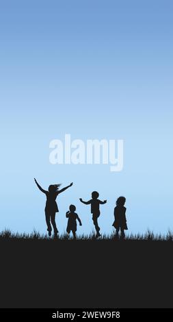 Silhouette di bambini che giocano sull'erba contro un cielo azzurro e limpido, incarnano lo spirito di libertà e giocosità. Illustrazione Vettoriale