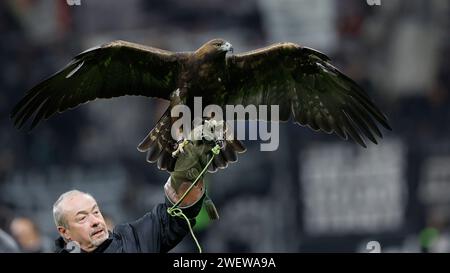 Francoforte sul meno, Deutschland. 26 gennaio 2024. Maskottchen Steinadler Attila und alkner Norbert Lawitschka, 26.01.2024, Fussball, 1. Bundesliga, Eintracht Francoforte - 1. LE NORMATIVE FSV Mainz 05, GER, Frankfurt am Main, Deutsche Bank Park, DFL VIETANO L'USO DI FOTOGRAFIE COME SEQUENZE DI IMMAGINI E/O QUASI-VIDEO. Credito: dpa/Alamy Live News Foto Stock