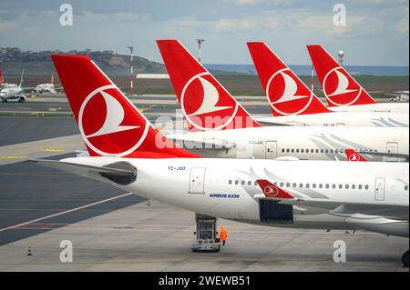 ISTANBUL - 23 GENNAIO: Fila di aerei con logotipo delle compagnie aeree turche in superficie all'aeroporto Havalimani Istanbul il 23,2024 gennaio in Turchia Foto Stock