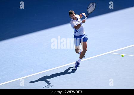 Melbourne, Australia. 26 gennaio 2024. Novak Djokovic durante il torneo di tennis Australian Open AO 2024 del grande Slam al Melbourne Park di Melbourne, Australia, il 26 gennaio 2024. Foto di Victor Joly/ABACAPRESS.COM Credit: Abaca Press/Alamy Live News Foto Stock