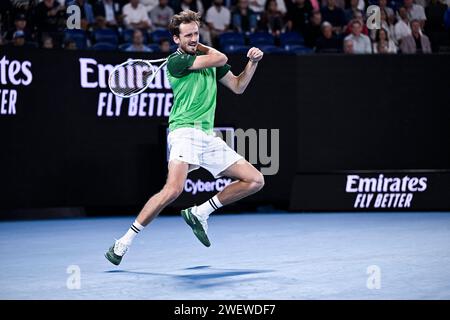 Melbourne, Australia. 26 gennaio 2024. Daniil Medvedev durante il torneo di tennis Australian Open AO 2024 del grande Slam al Melbourne Park di Melbourne, Australia, il 26 gennaio 2024. Foto di Victor Joly/ABACAPRESS.COM Credit: Abaca Press/Alamy Live News Foto Stock