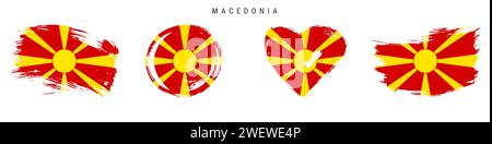 Set di icone bandiera stile grunge disegnate a mano in Macedonia. Striscione macedone con colori ufficiali. Forma del tratto libero del pennello, cerchio e a forma di cuore. Vettore piatto i Illustrazione Vettoriale