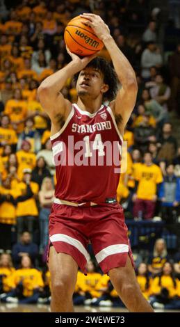 Haas Pavilion Berkeley, California, USA. 26 gennaio 2024. L'attaccante DELLA CALIFORNIA U.S.A. Stanford Spencer Jones (14) tira la palla durante la partita di pallacanestro maschile NCAA tra Stanford Cardinal e i California Golden Bears. La California batte Stanford 73-71 all'Haas Pavilion Berkeley California. Thurman James/CSM/Alamy Live News Foto Stock