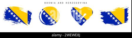Set di icone bandiera stile grunge disegnate a mano in Bosnia ed Erzegovina. Banner bosniaco con colori ufficiali. Forma del tratto libero del pennello, cerchio e a forma di cuore. FLA Illustrazione Vettoriale