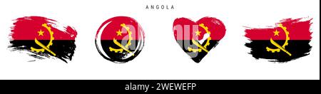 Set di icone bandiera stile grunge disegnate a mano Angola. Banner angolano con colori ufficiali. Forma del tratto libero del pennello, cerchio e a forma di cuore. Illustr. Vettoriale piatto Illustrazione Vettoriale