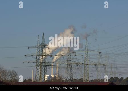 27.1.2024 Kohlestrom Symbol. Energie Stromleitungen der Stromtrasse im Rheingraben bei Mannheim. IM Hintergrund, das Großkraftwerk in Mannheim, in dem Kohle zu Strom und Fernwärme verheizt wird. Mannheim Friedrichsfeld Baden Württemberg Deutschland *** 27 1 2024 energia a carbone Symbol Energy Power Lines della linea elettrica nella trincea del Reno vicino a Mannheim sullo sfondo, la grande centrale elettrica di Mannheim, dove viene bruciato il carbone per produrre elettricità e teleriscaldamento Mannheim Friedrichsfeld Baden Württemberg Germania Foto Stock