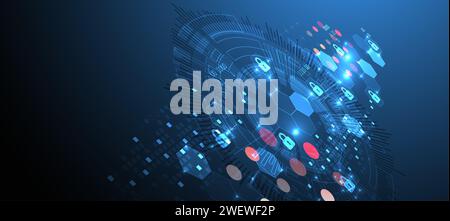 Sfondo digitale sicuro. Riservatezza virtuale, protezione della programmazione. Vettore disegnato a mano. Illustrazione Vettoriale