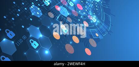 Sfondo digitale sicuro. Riservatezza virtuale, protezione della programmazione. Vettore disegnato a mano. Illustrazione Vettoriale