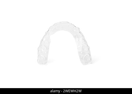 Parentesi graffe Invisalign. Allineatori invisibili su sfondo bianco Foto Stock