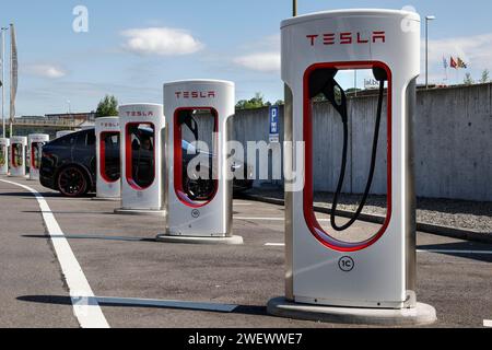 Stazione di ricarica Tesla su un'autostrada in Svizzera, Lucerna, 26.05.2022 Foto Stock