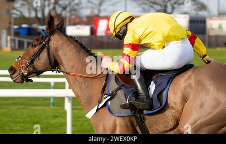 Doncaster Racecourse, Doncaster, Regno Unito, sabato 27 gennaio 2024; Geromino e il fantino Charlie Maggs vincono la gara di ostacoli SBK handicap per l'allenatore Donald McCain e il proprietario sig. G. E. Fitzpatrick. Credito immagini equine JTW / Alamy Live News Foto Stock