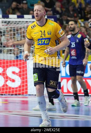 Jim Gottfridsson, svedese, durante la partita di pallamano maschile EHF Euro 2024, semiFinals tra Francia e Svezia il 26 gennaio 2024 alla Lanxess-Arena di Colonia, Germania Foto Stock