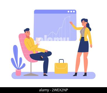 Dipendenti che analizzano la finanza. I lavoratori in ufficio realizzano progetti Illustrazione Vettoriale