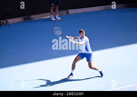 Melbourne, Australie. 26 gennaio 2024. Novak Djokovic durante il torneo di tennis Australian Open AO 2024 del grande Slam il 26 gennaio 2024 al Melbourne Park di Melbourne, Australia. Crediti: Victor Joly/Alamy Live News Foto Stock