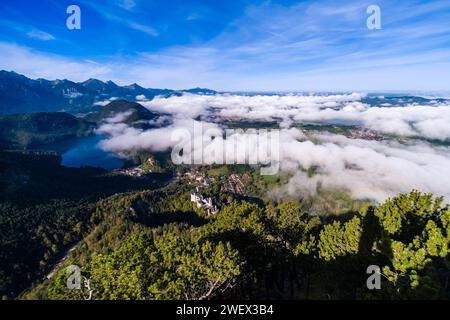 Vista aerea dei castelli di Neuschwanstein e Hohenschwangau, del lago Alpsee e del paesaggio alpino circostante in autunno. Hohenschwangau Bavaria Germa Foto Stock