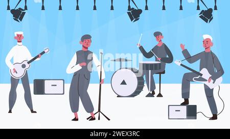 Musicisti personaggi sul palco. Vettoriale di musica illustrazione del palcoscenico, personaggio fare performance o concerto, cantante con band, persona musicale eseguire Illustrazione Vettoriale