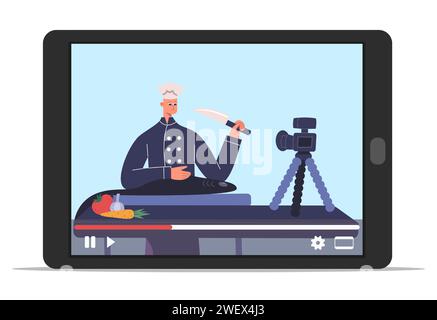 Chef professionisti del ristorante che trasmettono in streaming personaggi vlog che cucinano piatti gustosi Illustrazione Vettoriale