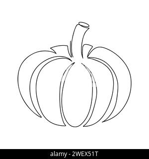 Zucca in linea singola. Stile disegnato a mano. Illustrazione vettoriale isolata su bianco. Pagina da colorare Illustrazione Vettoriale