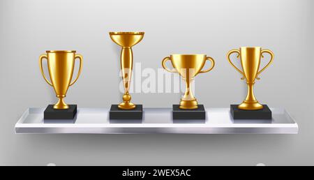 Coppa d'oro premiata sullo scaffale. Trofei galleria d'onore, premi d'oro e risultati di successo illustrazione vettoriale Illustrazione Vettoriale