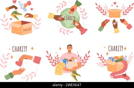 Donazione di beneficenza. Persone che donano donazioni per beneficenza, sostegno della comunità e set di illustrazioni vettoriali per la filantropia Illustrazione Vettoriale