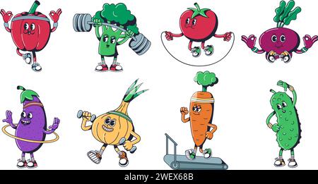 Cartoni animati verdure sane mascotte. Sport vegetariani personaggi in attività fitness, pesi per il sollevamento del peperone, broccoli con campanello, pomodoro acceso Illustrazione Vettoriale