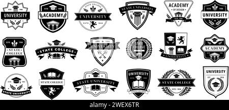 Badge Education. Etichette monocromatiche per il branding di università, accademia e università. Set emblemi vettoriali insegne accademiche Illustrazione Vettoriale