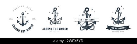 Set di loghi per viaggi in mare. Francobolli vintage con icone di ancoraggio. Crociera marittima. Collezione di badge nautici. Modelli vettoriali per viaggi oceanici su bianco Illustrazione Vettoriale