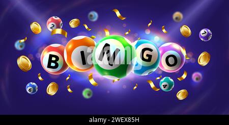 Banner Bingo. Palline di gioco del lotto 3D galleggianti, promozione evento di gioco delle lotterie con monete d'oro e illustrazione vettoriale dei corietti cadenti Illustrazione Vettoriale