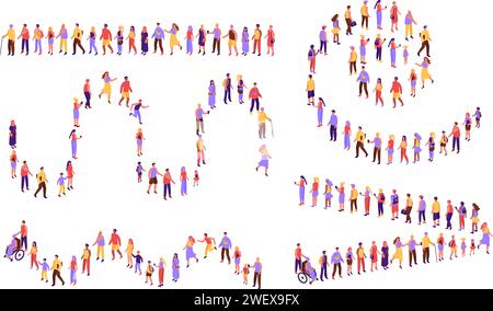 Vista dall'alto delle persone in linea. Linea di clienti composta da persone diverse che formano linee di varie forme, la folla della comunità rimane e attende il set di illustrazioni vettoriali isometriche Illustrazione Vettoriale