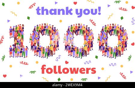 Banner di ringraziamento per i follower 1000. Social media migliaia di abbonati celebrazione coriandoli da festa e numero di pubblico vettore isometrico Illustrazione Vettoriale