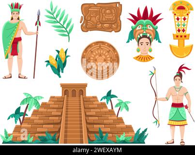 Civiltà Maya. Maestosa piramide, antica ruota del calendario Maya, persone adornate con copricapi e indumenti tradizionali, set di illustrazioni vettoriali Illustrazione Vettoriale