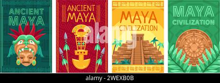 Poster della civiltà Maya. Antica maschera tradizionale, piramide e set di illustrazioni vettoriali del calendario Maya Illustrazione Vettoriale