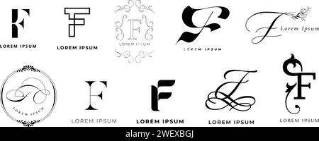 Emblema creativo F. Lettera f monogramma per fitness veloce, festival futuristico e set di icone vettoriali con modello di branding floreale per aziende agricole Illustrazione Vettoriale