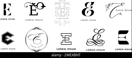 Emblema Creative E. Lettera inglese e monogramma elegante per il set di icone vettoriali dei modelli di branding degli eventi eco-energetici, elettronici ed esclusivi Illustrazione Vettoriale